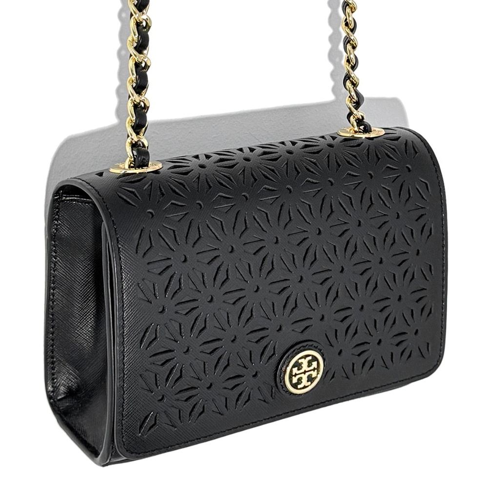 Tory Burch Black Laser Cut Leather Robinson Shoulder Bag NWOT